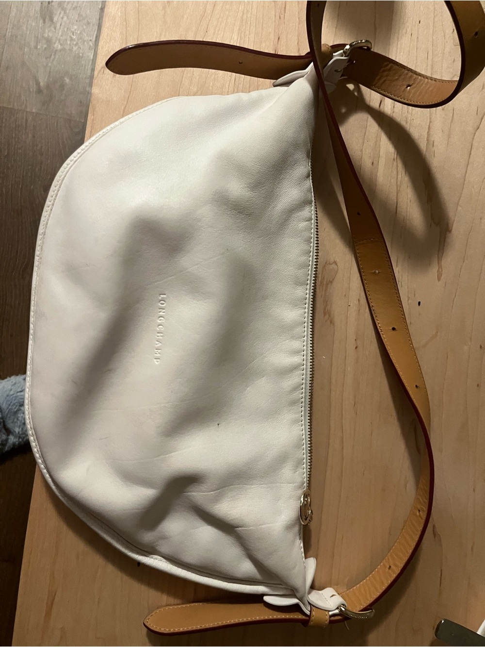 White Crescent Shoulder Bag with Tan Strap - Picture 7 of 11